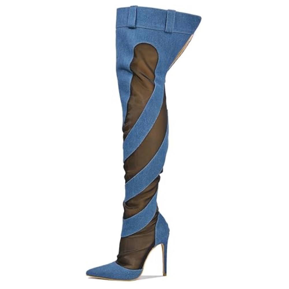 •CAPE ROBBIN• “Mandali” Mesh Denim Thigh High Boots - Blue & Black // NIB - Picture 2 of 14